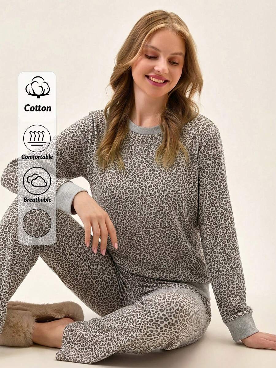 Women Cotton Leopard Print Round Neck Long Sleeve Top & Fake Drawstring Pants Ladies Pajama Set Leopard Pajamas Women Leopard Pj Set Animal Print Pajama Set Cheetah Print Pj Set Leopard Print Pajamas - Multicolor - View 1