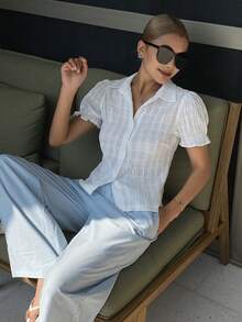 DAZY 女士白色棉质纹理花瓣袖翻领衬衫，春季款 - 白色 - 查看 6