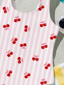 SHEIN 可爱复古ins风樱桃粉条纹印花图案，少女休闲简约连体泳衣，适合夏季、海滩度假拍照、亲子装、第一次海滩之旅、暑假、泳池派对、夏令营、田园风等场合。 - 彩色 - 查看 6