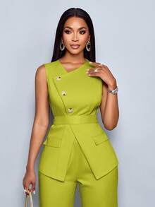 SOLERSUN 2pcs/Set Women Casual Fashion Daily Versatile Asymmetrical Neck Sleeveless Asymmetrical Hem Blouse & High Waist Wide Leg Pants With Belt - Green - View 5