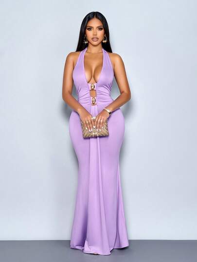 SOLERSUN Women's Spring/Summer Elegant Lady Sexy Deep V Neck Hollow Out Ruched Sleeveless Backless Long Knitted Halter Dress Fitted Design With High Stretch Fabric For Party And Vintage Style Dresses For Women Party Vacation Maxi Dress Women Outfit Flowy Party Evening Wedding Guest