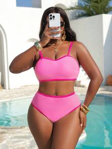 Slaydiva Plus Size Women Solid Color Splice Drawstring 2-Piece Bikini Set, Swimwear For Beach, Holiday, Swimming, Party, Yacht - Pink - View 5