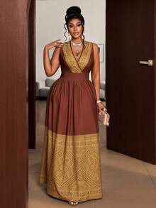 Maweii Plus Size V-Neck Geometric Pattern Ruffle Hem Sleeveless Dress - Brown - View 5