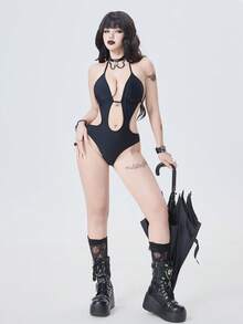 ROMWE Goth 2026春夏哥特吸血鬼角色扮演服装，女士连体泳衣，优雅浪漫神秘性感镂空设计，精致蜘蛛形金属装饰，蝴蝶结颈带，黑色，修身连体泳衣，2026春夏女装新款，适合新年、情人节、返校、旅行、海滩、下午茶、野餐、派对、日常穿着、休闲、户外活动等场合，时尚百搭 - 黑色 - 查看 11