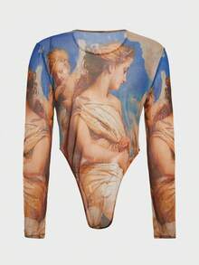 FeverCity Men's Graphic Print Sexy Bodysuit Graphic Print Bodysuit Long Sleeve Bodysuit Renaissance Print Bodysuit Men Bodysuit Mesh Bodysuit Printed Bodysuit Graphic Bodysuit - Multicolor - View 2