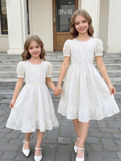 Elladie kids 1pc Girls' Summer New Round Neck Puff Sleeve White Floral Embroidery Fabric Back Hollow Design Removable Big Bow Simple White Sweet Pastoral Elegant Party Birthday Versatile Princess Dress