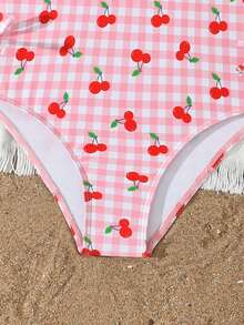 SHEIN 女童樱桃印花连体泳衣，肩带可调节，蝴蝶结设计，甜美可爱又优雅，适合度假、海滩、泳池、冲浪和沙滩等场合。 - 粉色 - 查看 6