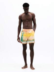 SUMWON Beach Board Shorts With Tropical Sunset Print And Classic Figure Graphic Design Elastic Waistband Drawstring Summer Vacation Swimming Trunks - Multicolor - View 6