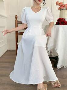 DAZY Women's Elegant Solid Color Textured Puff Sleeve Midi Dress, Summer Wedding Guest Dress Sundress - White - View 7