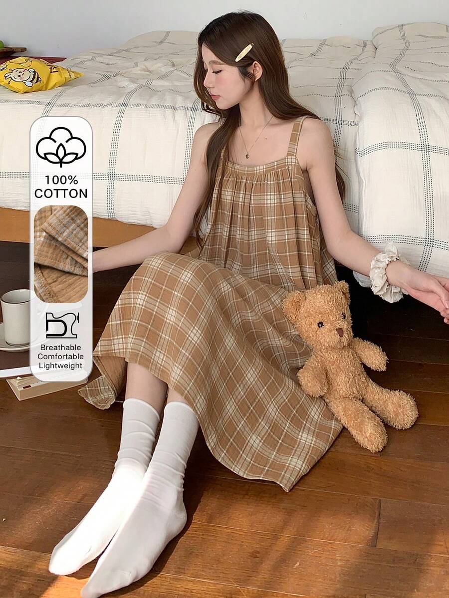 DAZY Plaid Loose A-Line Sleeveless Women's House Dress - Camel - View 1