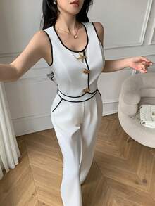 Celisse Women's Contrast Trim Round Neck Tank Top And Pants Elegant 2 Pieces Set - Beige - View 4