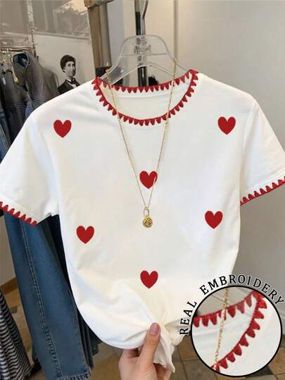 Resyla Camiseta casual versátil de mujer con cuello redondo y manga corta con bordado de corazón