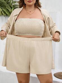 SHEIN CURVE+ Curve 尺码 US22 音乐节、海滨度假、波西米亚风女士休闲度假开衫、无肩带短裤、衬衫三件套、沙滩度假三件套 - 卡其色 - 查看 10