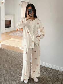 DAZY 2pcs Women Polka Dot Cat Print Lace Patchwork Loose Cardigan & Pants Pajama Set - Apricot - View 5