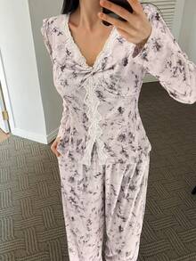 DAZY Tie-Dye Pattern Allover Print Lace Trim Patchwork Women Pajama Set - Dusty Pink - View 1