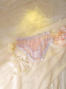 DelicateAllure Bragas de talla grande transparentes y lindas con patrón de corazón, patchwork de encaje y malla en bloques de color rosa para el Día de San Valentín - Rosa - Ver 2