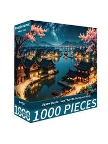 一盒1000片拼图玩具，尺寸70厘米*50厘米，油画风景和卡通图案，成人减压，装饰艺术品，适合万圣节、圣诞节、生日礼物 - 彩色 - 查看 1