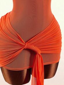 Amplova 2026 Early Spring New Arrival Low-Cut Shell Metal Accessory Front Tie Hem Women Mini Dress - Orange - View 6