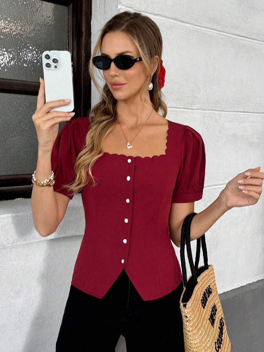 Franclia Women's Elegant Burgundy Summer Dining Shirt,Waist Cinching Backless Tie Asymmetrical Collar Square Neck Red Blouse,Holiday Wine Dark Red Blouse Tops ,Petite Women - Burgundy - View 1