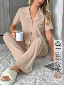 EURMUSE 甜心撞色滚边睡衣套装 – 粉色短袖纽扣家居服，适合情人节和温馨夜晚 - 杏色 - 查看 2