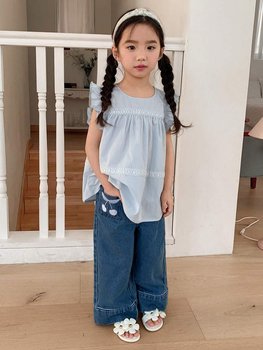 Dazy Kids 少女圆领荷叶边休闲百搭衬衫 - 藍色 - 查看 1