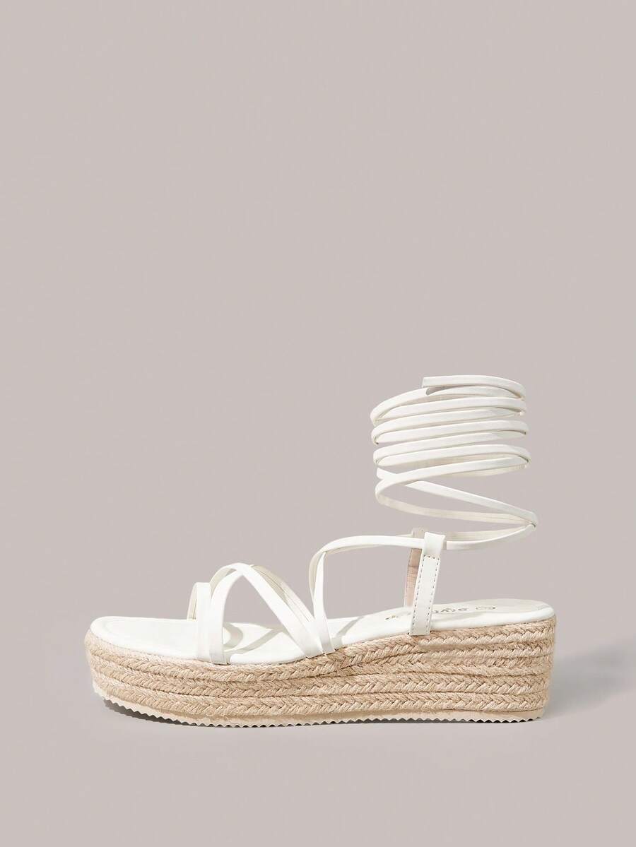 Sandálias de plataforma cunha casuais tecidas de cor sólida para mulher Styleloop, estilo boémio de férias vintage em lona com tiras, sandálias romanas, estilo ocidental, roupa para festival de música e festa, sapatos de primavera e verão, Spring Break, Páscoa - Branco - Ver 1