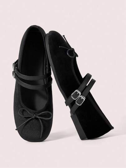 CUCCOO DOLLMOD Black Velvet Vintage Round Toe Flat Mary Jane Shoes With Bow For Women Valentine's Day