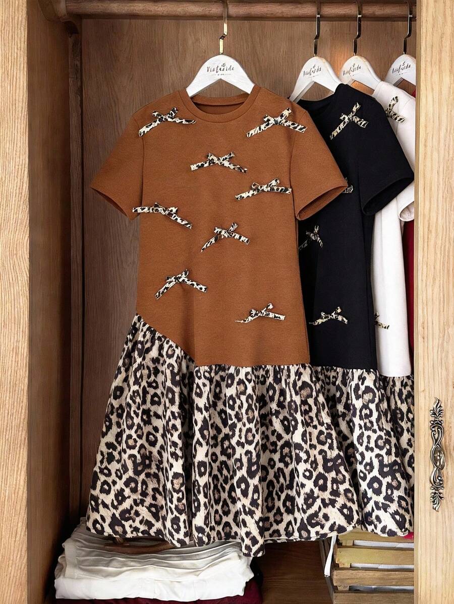 Girls' (Large) Spring/Summer Casual Commuter Elegant Three-Dimensional Bow Leopard Print Patchwork Knitted Round Neck Short Sleeve T-Shirt Dress Midi Dress - Brown - View 1