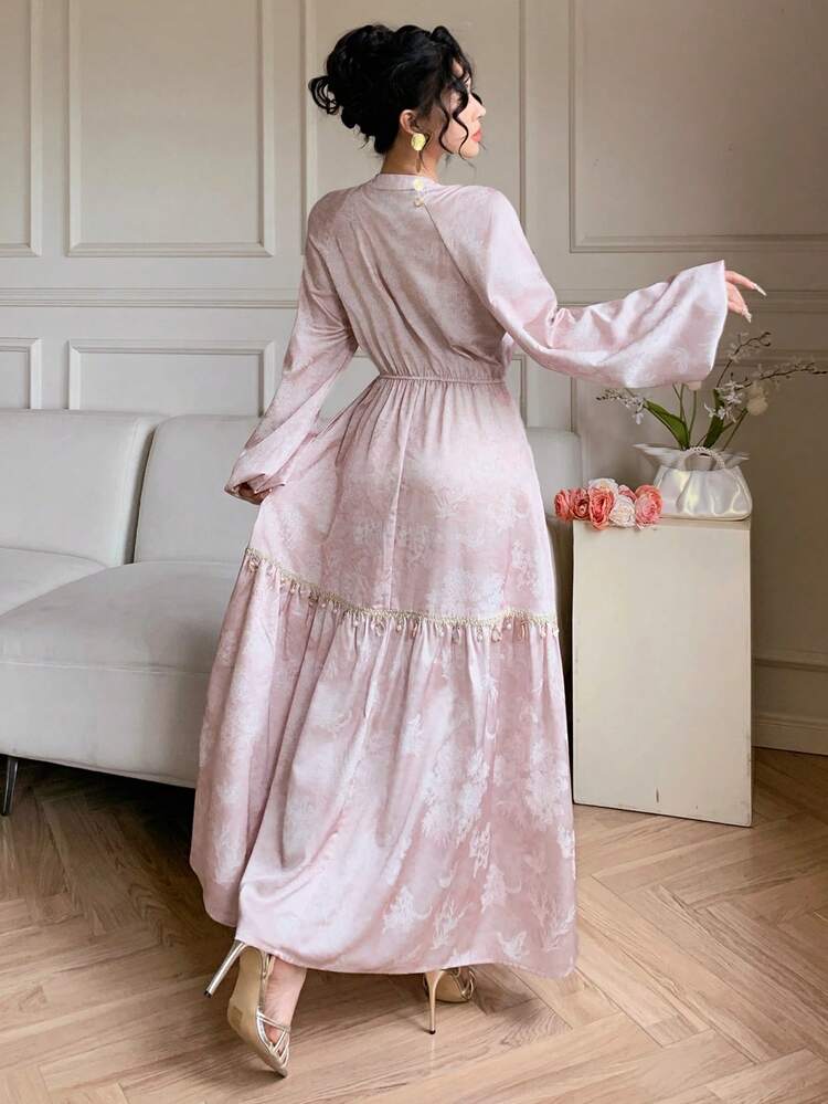 Floral Print Patchwork Ruffle Tie Waist Long Sleeve Elegant Resort Dress For Women, Spring/Autumn Maxi Dress Sundress