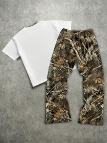 Manfinity ZONE917 Loose Fit Street Style Camouflage Statue Of Liberty Face Print Short Sleeve T-Shirt Set Camo 2 Piece Set - White - View 5