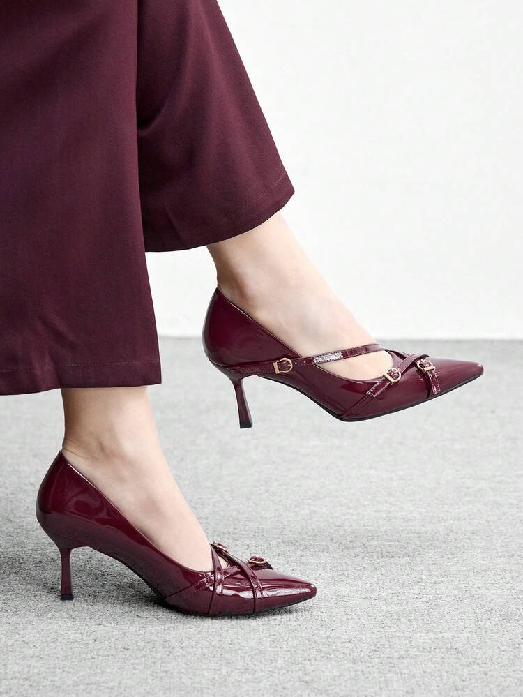 CUCCOO BIZCHIC Women Shoes Women's Pointed Stiletto Burgundy Multi-Stripe Women's High Heel Shoes Daily Versatile Fashion Commuter Party Banquet Women's Shoes Valentine's Day Spring Shoes