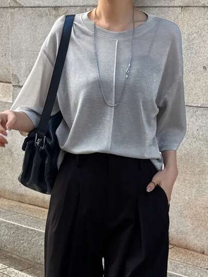 FRIFUL 女士宽松亮面圆领短袖T恤，适合夏季都市通勤