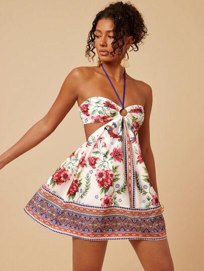 Travachic Sleeveless Halter Neck Hollow Out Tropical Print Vacation Dress