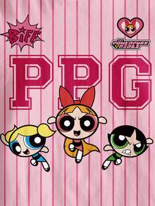 THE POWERPUFF GIRLS X SHEIN 少女休闲日常通勤时尚街头条纹花朵、泡泡、毛茛图案短袖T恤，夏季 - 白色 - 查看 4
