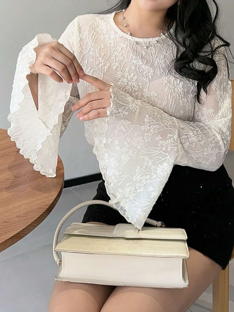 Dazy Plus Áo thun nữ cỡ lớn cổ tròn tay loe họa tiết jacquard thanh lịch để đi chơi. - trắng - Xem 1