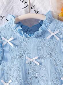 Girls (Small) Knitted Jacquard Ruffle Bow Patchwork White Mesh Princess Dress, Sweet & Cute, Elegant Girls Clothing - Blue - View 5