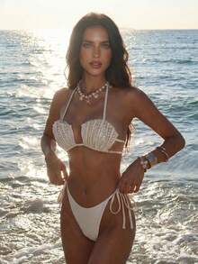 Aloruh 女士新款香槟色缎面亮面泳衣，贝壳杯设计，珍珠串珠装饰，优雅性感奢华派对装，女士度假装，女士音乐节比基尼套装 - 香檳色 - 查看 9