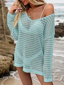 SHEIN Swim 夏季假日海滩休闲宽松针织罩衫镂空夏季毛衣 - 薄荷藍 - 查看 6