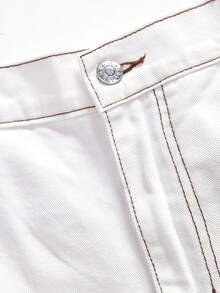 SHEIN MOD 大码女式露背系带纽扣上衣和短裤休闲牛仔套装，适合日常、约会、派对等场合。 - 白色 - 查看 5