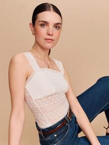 lacRébo White Lace Stretch Square Neck Sleeveless Top Boho Spring Summer Cute Romantic French French Style Parisian Style - Beige - View 6
