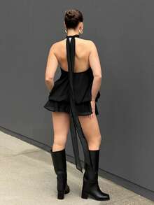 Kuleshova 女士优雅浅黄色挂脖系带迷你连衣裙 - 黑色 - 查看 2