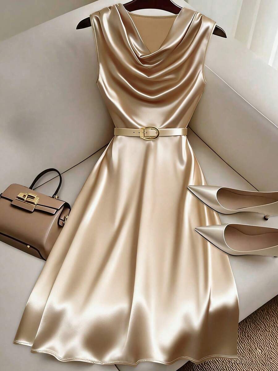 SHEIN Franclia Women's Spring/Summer Cinched Waist Sleeveless Dress, Women's Knit Satin Elastic Bodycon Dress Luxury Outfits Women Dresses Champagne Classy Dress Silk Dresses Satin Dress Elegant - Multicolor - View 1