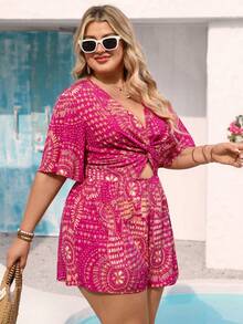Vivid Eden Bộ jumpsuit dáng chữ A in họa tiết phong cách Bohemian, cổ chữ V, eo xoắn, xếp ly, cỡ lớn dành cho nữ, thích hợp cho mùa xuân/hè. - Màu Hồng Tươi - Xem 4