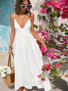 Vivid Eden Spring/Summer Casual Vacation V-Neck Pearl Strap Waist A-Line Loose Back Textured Fabric Dress - White - View 6