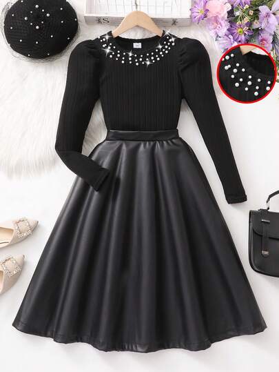 SHEIN Girls Elegant Vintage Pearl Decor Puff Sleeve Knit Sweater + Leather A-Line Flared Skirt Set