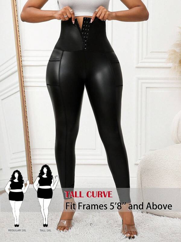 SHEIN Tall CURVE Plus Size Women Solid Color Waist Buckle Design Fashion PU Leather Leggings