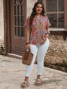 EMERY ROSE 大码女式波西米亚风印花纽扣装饰短袖衬衫，适合春夏穿着 - 彩色 - 查看 4