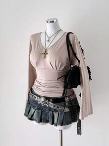 Sunspun Camiseta de manga larga con cuello en V sólido y estilo vintage romántico para mujer de talla grande, camiseta de manga larga regular, camiseta ajustada con pliegues a la moda, adecuada para uso diario, temporada de vuelta al colegio, diseño de cintura, apropiada para la oficina, fiestas de solteros, ir y venir, casual, reuniones con la novia, campus, diversos estilos universitarios, primavera, verano, otoño - Albaricoque - Ver 6