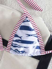 Swim Mod 女士时尚性感数码印花挂脖系带超三角比基尼上衣和可调节侧三角泳裤比基尼套装，春夏款 - 彩色 - 查看 3