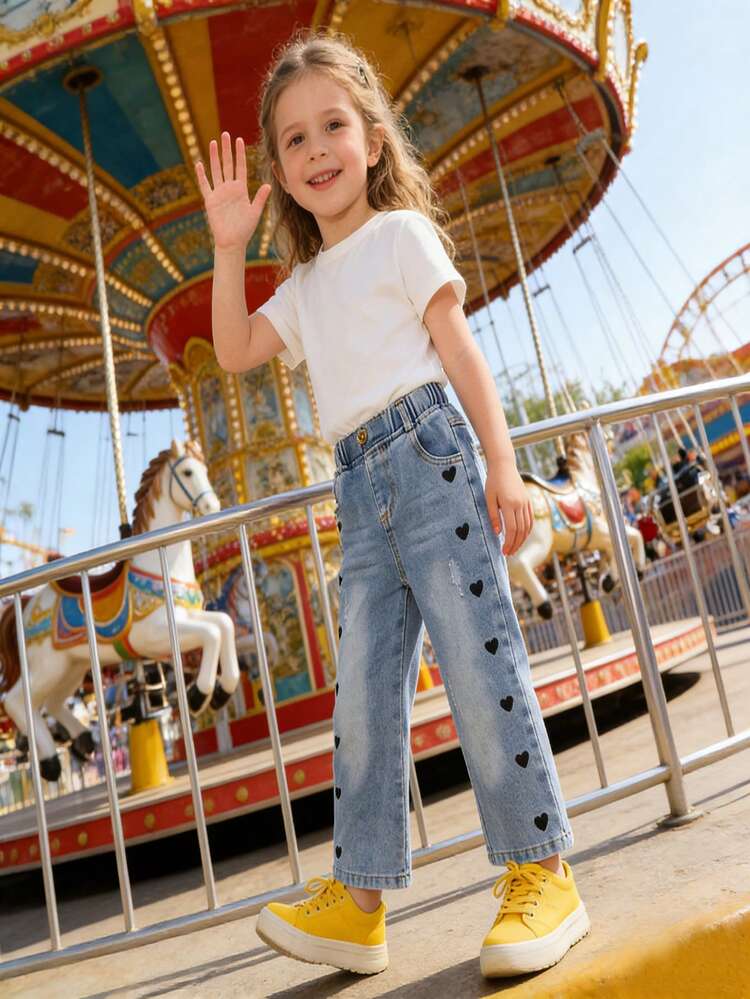 SHEIN Young Girls Jeans,Blue,Summer Medium Wash Street Style Y2K Irregular Elastic Waist Rhinestone Decor Loose Straight Leg Soft Cotton Denim Non-Stretch - Dark Wash - View 7
